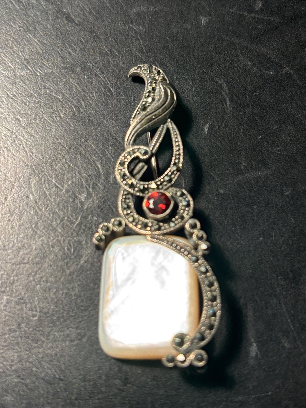 Marcasite, mother of pearl and semi precious stone sterling silver pin